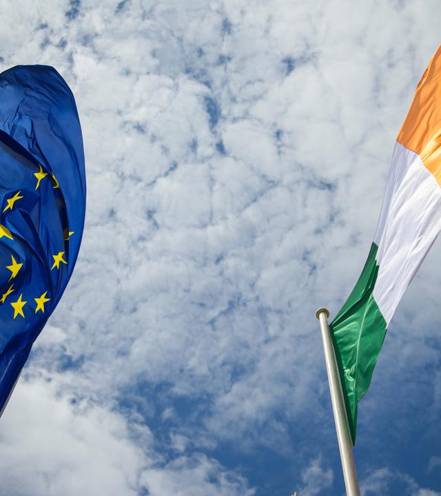 Flaggen der EU und Irland wehen am Himmel