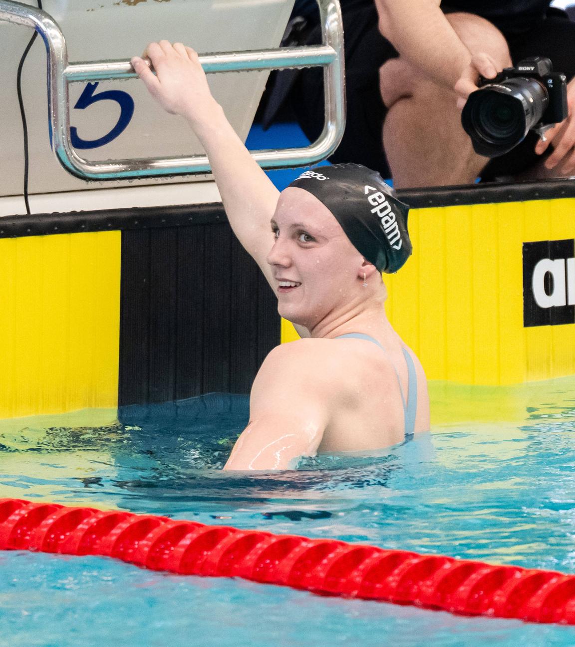 Die deutsche Schwimmerin Isabel Gose nach ihrem Durchgang beim 1500m Schwimmfreestyle Finale in Stockholm