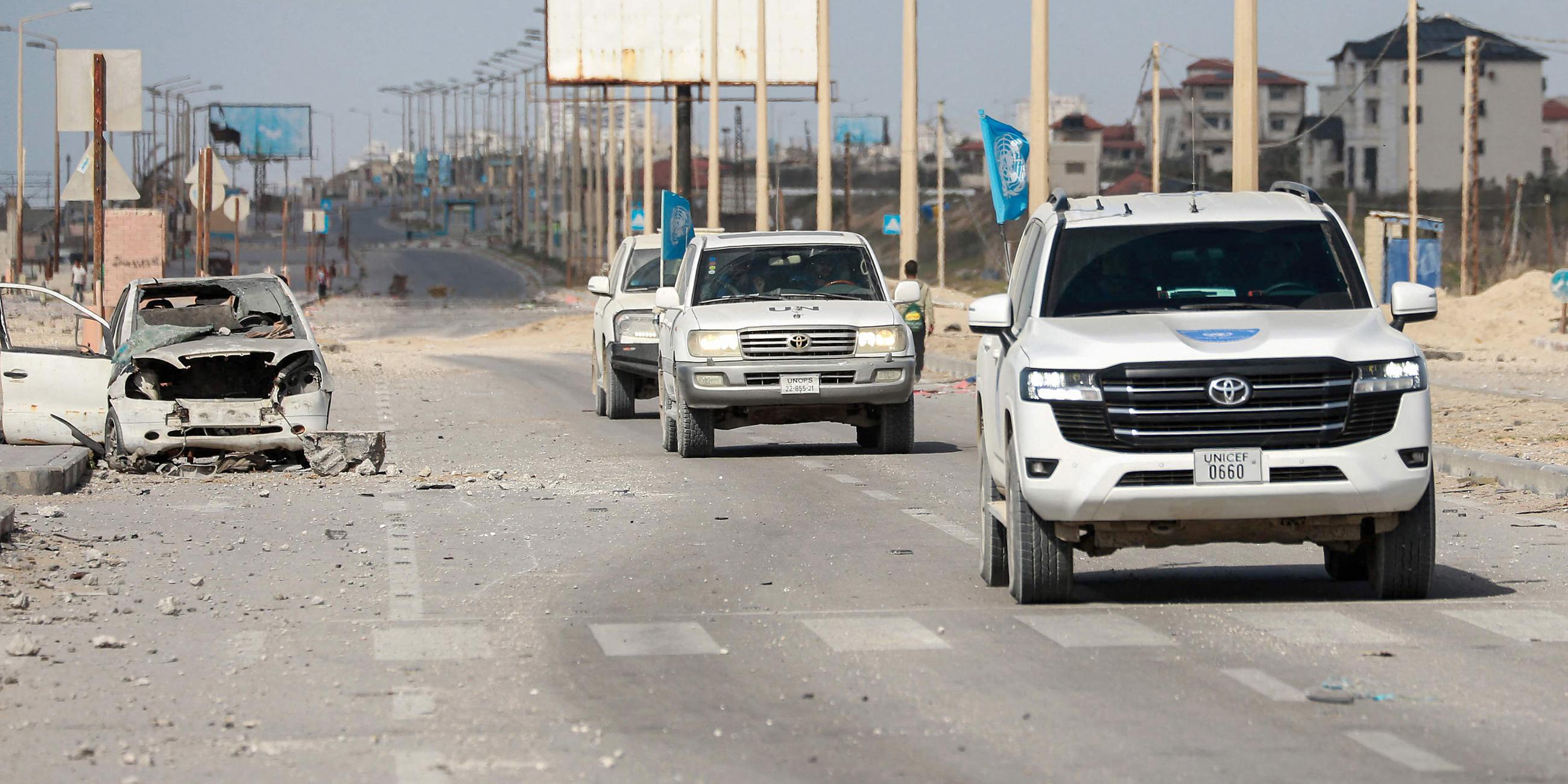 UN-Fahrzeugen, aufgenommen am 01.04.2024 in Gazastreifen