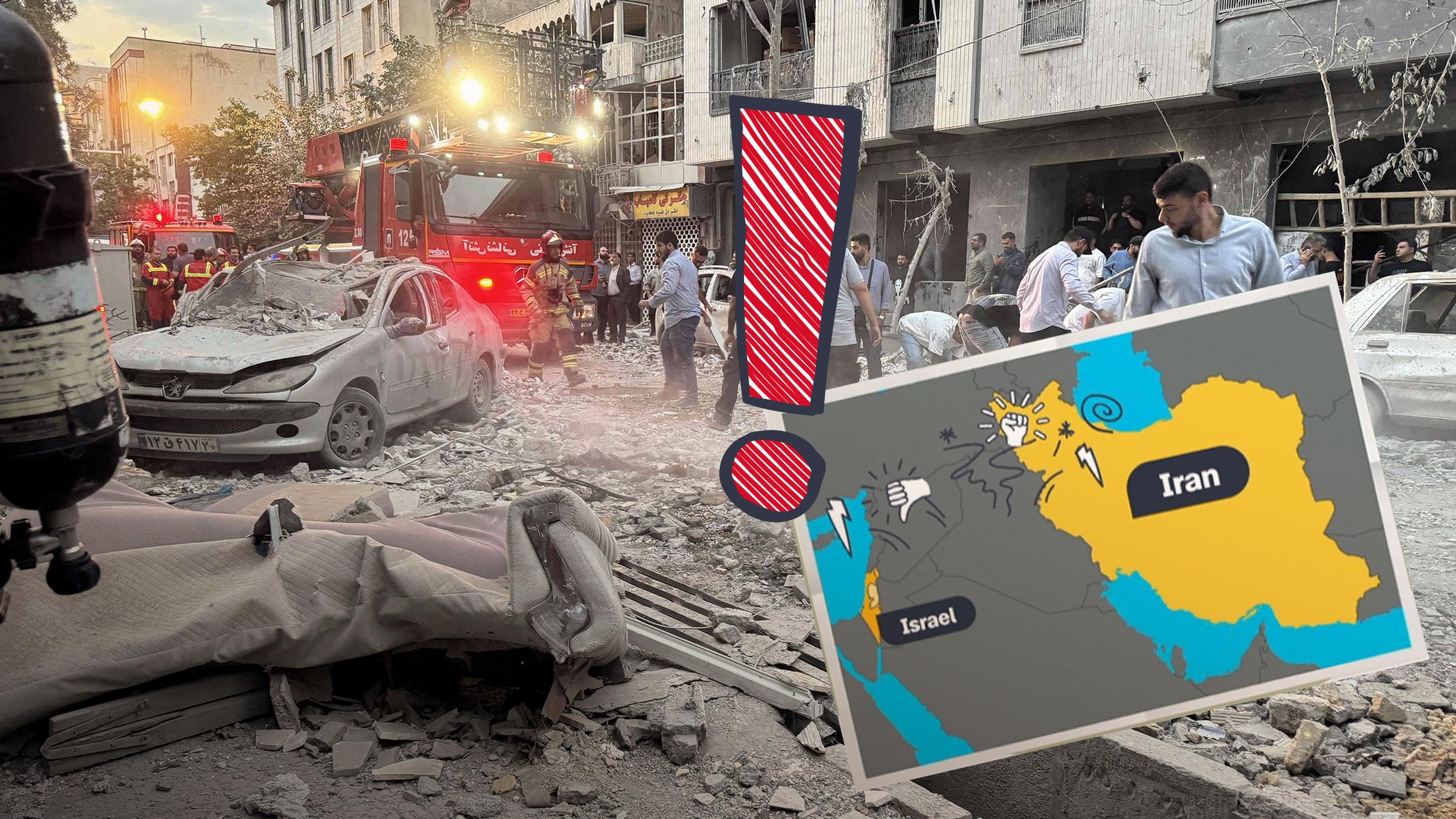 Collage: Hintergrund Zerstörung in Theeran, darüber Karte mit Israel und Iran und Ausrufezeichen
