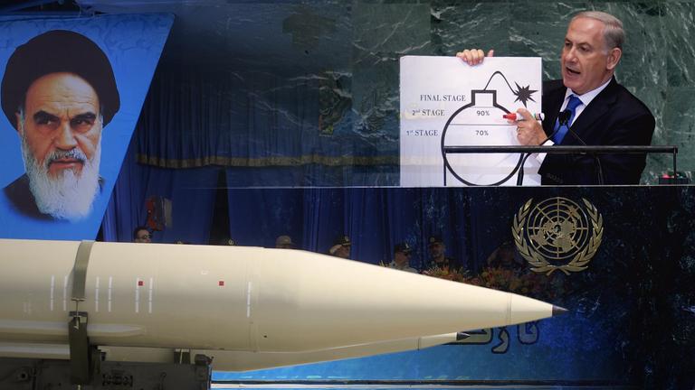 Montage; Rechts: Benjamin Netanyahu hält auf der UN-Versammlung die Illustration