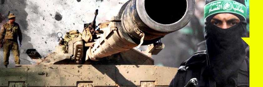 Montage: An der Seite steht ein vermummter Hamas-Kämpfer mit einer Waffe, dahinter ein israelischer Panzer, dessen Geschützrohr seitlich nach vorne zeigt. Im Hintergrund weht eine israelische Fahne und Teile, wie von einer Explosion, fliegen durch die Luft.