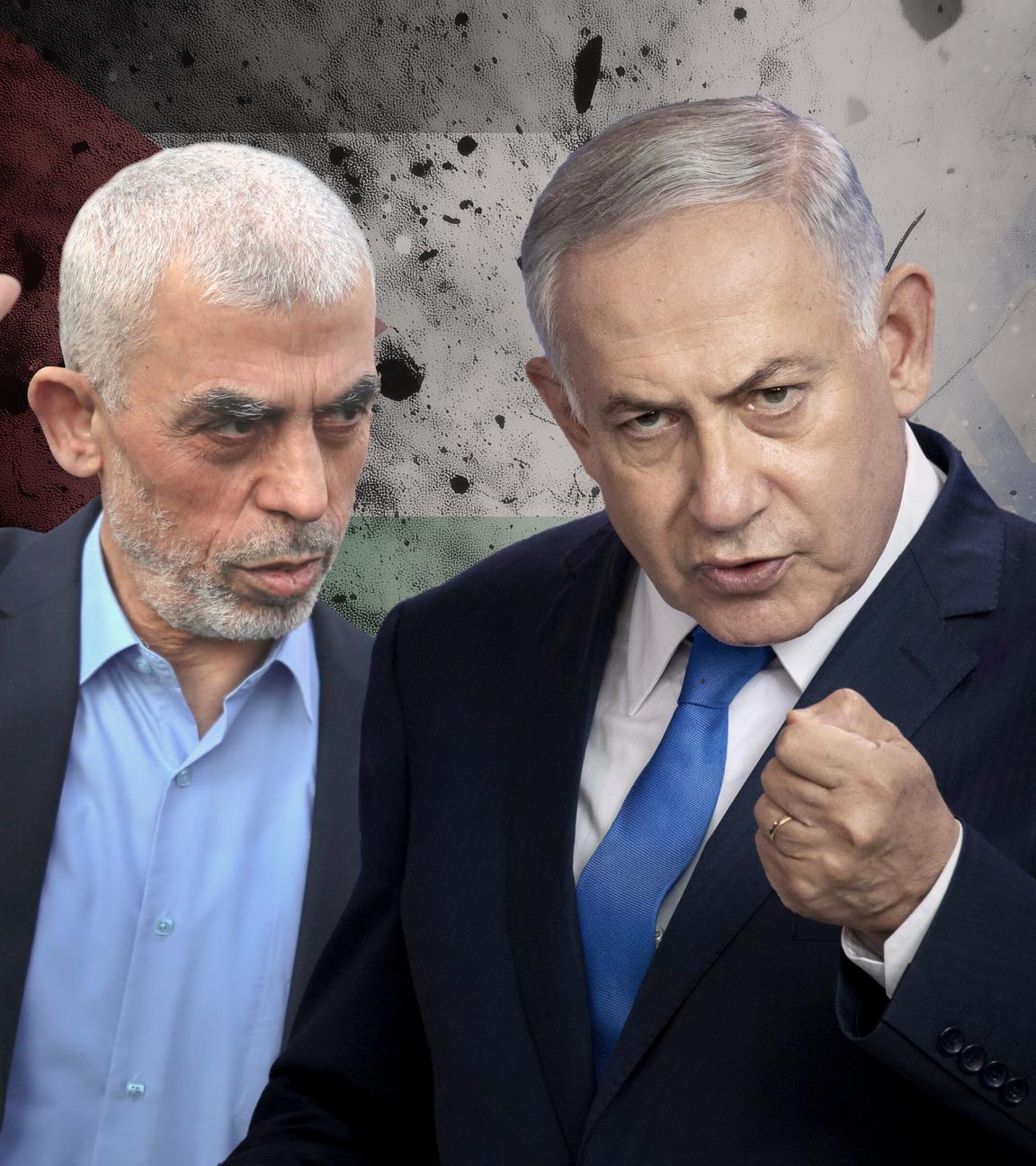 Montage: Jahia Sinwar und Benjamin Netanjahu stehen beide entschlossen vor den jeweiligen Flaggen ihres Landes.