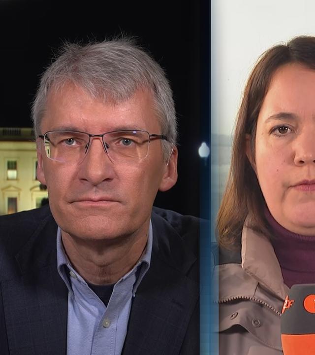 ZDF-Korrespondent:innen zugeschaltet ins Studio.