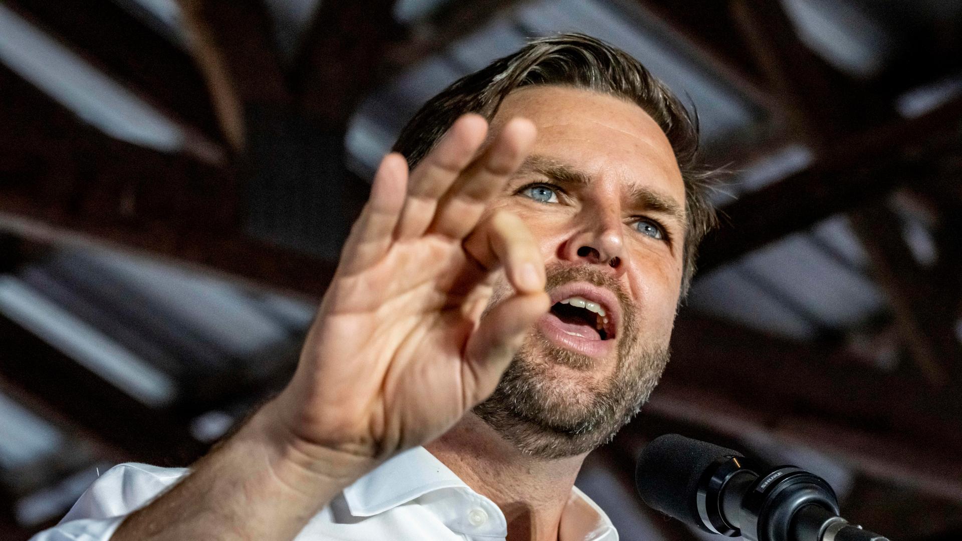 Porträtaufnahme aus Untersicht: J.D. Vance spricht in ein Mikrofon und gestikuliert mit der rechten Hand.