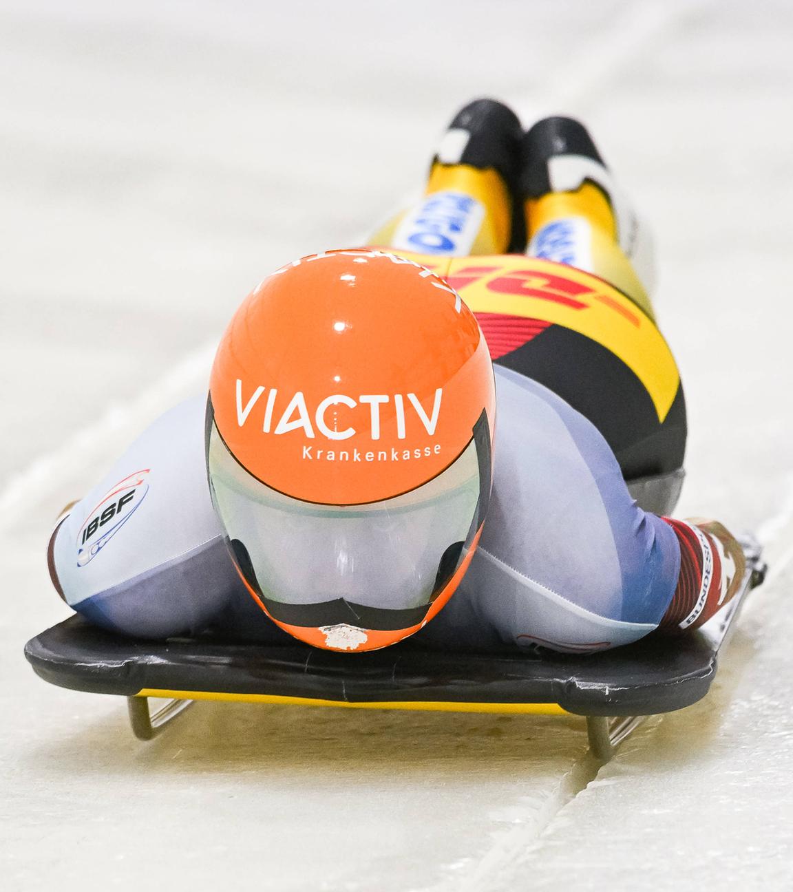 IBSF Bob- und Skeleton-Weltmeisterschaften: Jacqueline Pfeifer (GER) bei ihrem Lauf im dritten Durchgang des Skeleton-Wettbewerbs der Frauen am 07.03.2025 am Mt. Van Hoevenberg in Lake Placid, USA.
