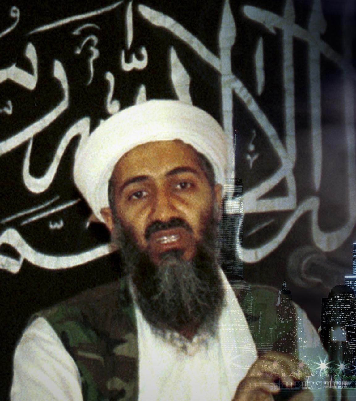  Collage. Osama bin Laden vor dem "schwarzen Banner", rechts eine Illumination der Manhattan Skyline.