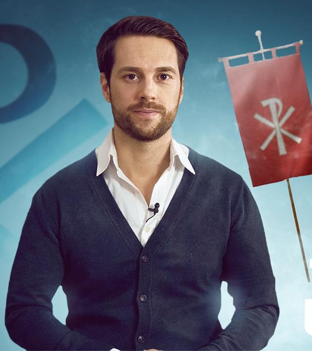 Mit Mirko Drotschmann im Vordergrund mit Symbol und Flaggen im Hintergrund