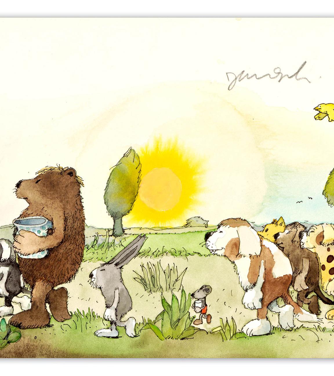 Zeichnung aus Kinderbuch: verschiedene Tiere laufen hintereinander durch eine sommerliche Landschaft.