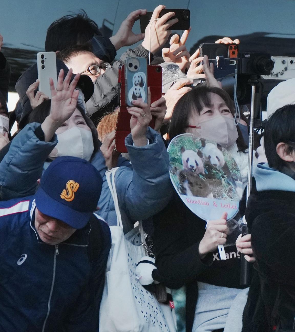 Eine Vielzahl von Menschen filmen mit ihren Smartphones. Sie filmen das Fahrzeug, dass Panda-Zwillinge transportiert.