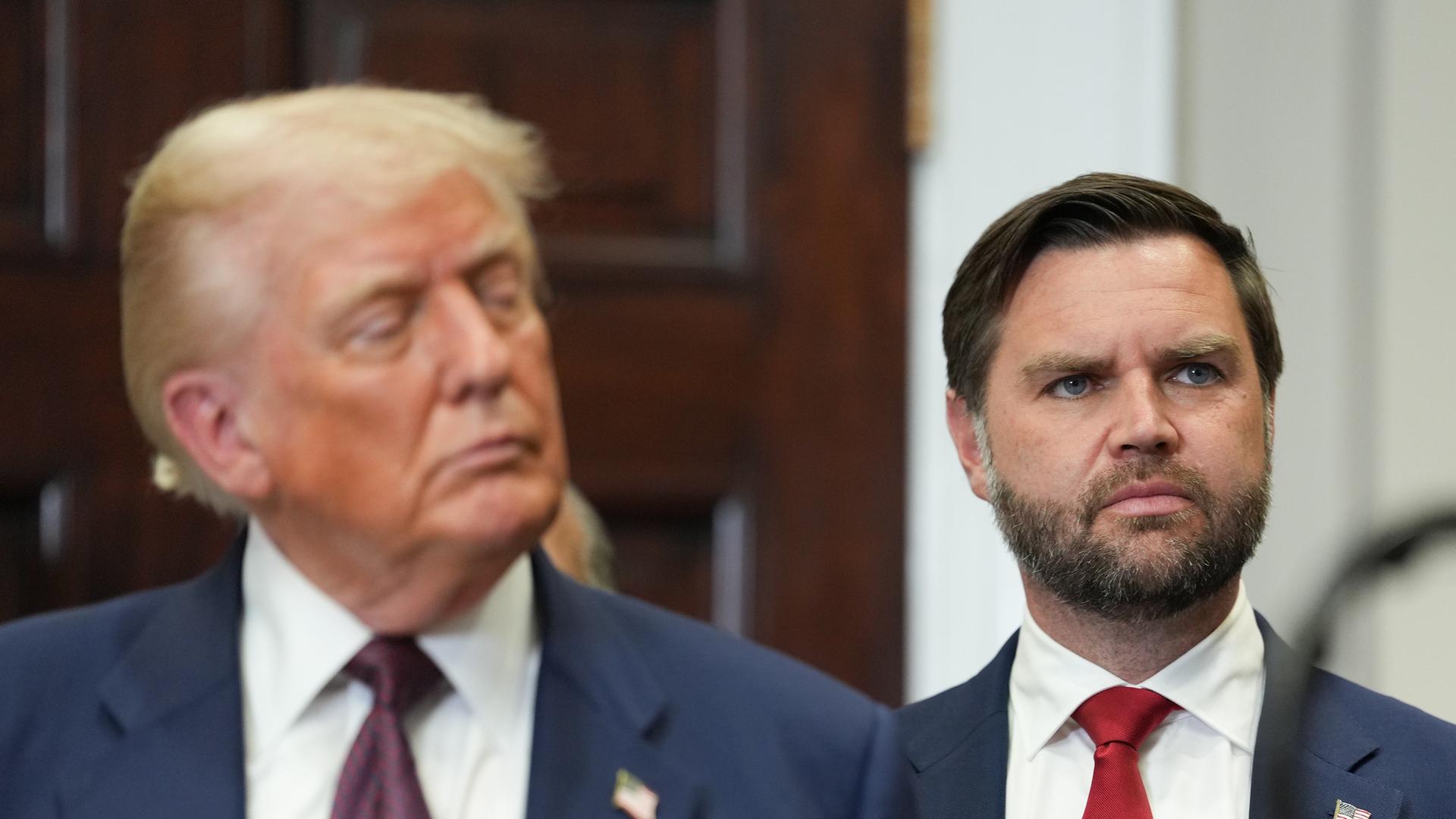 US-Vizepräsident JD Vance (rechts) und US-Präsident Donald Trump (links) beobachten die Unterzeichnungszeremonie einer Executive Order im Roosevelt Room des Weißen Hauses in Washington, D.C., USA, am 31. 7. 2025.