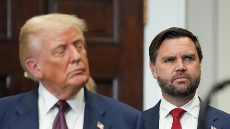 US-Vizepräsident JD Vance (rechts) und US-Präsident Donald Trump (links) beobachten die Unterzeichnungszeremonie einer Executive Order im Roosevelt Room des Weißen Hauses in Washington, D.C., USA, am 31. 7. 2025.