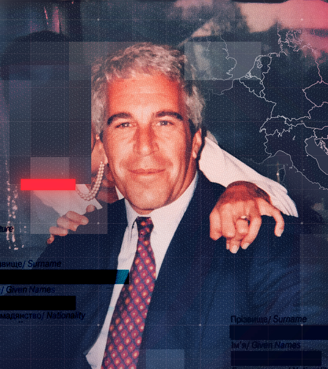 Bildmontage mit Fotos aus der Epstein-Akte: Kopien von anonymisierten Pässen junger osteuropäischer Mädchen und Jeffrey Epstein im Businessanzug mit Blick in die Kamera, der von einer dahinterstehenden ebenfalls anonymisierten Frau umarmt wird