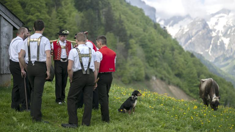 eine Gruppe von Männern jodelt in den Alpen