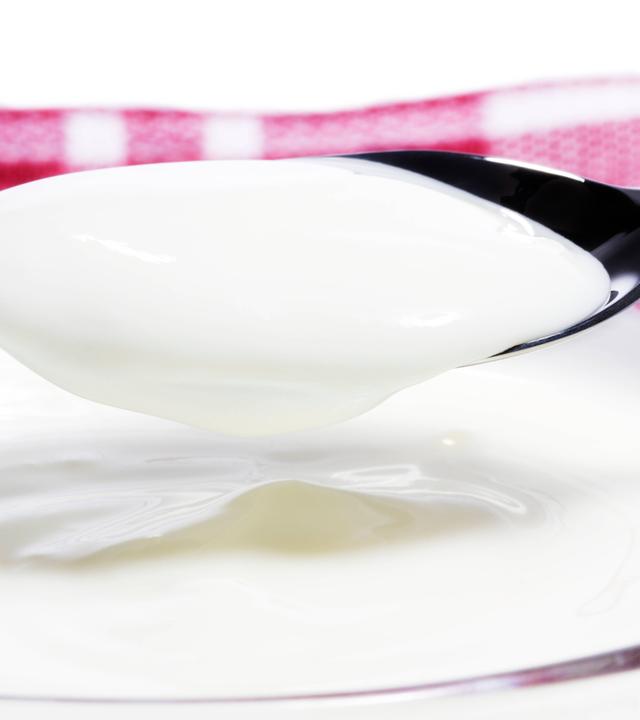Ein voller Löffel mit Natur-Joghurt über einer Glasschale mit Joghurt.