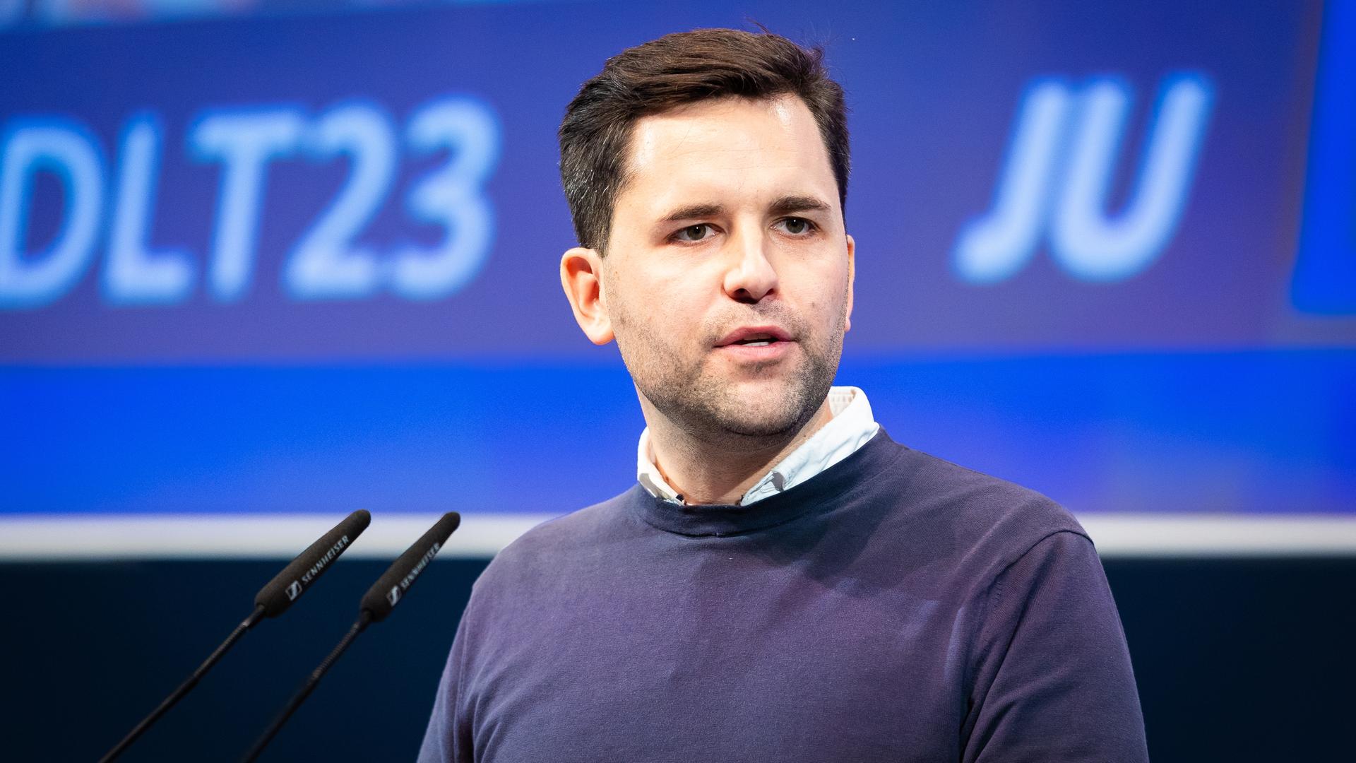 Johannes Winkel, Bundesvorsitzender der Jungen Union (JU), spricht auf dem 75. Deutschlandtag der Jungen Union am 20.10.2023.