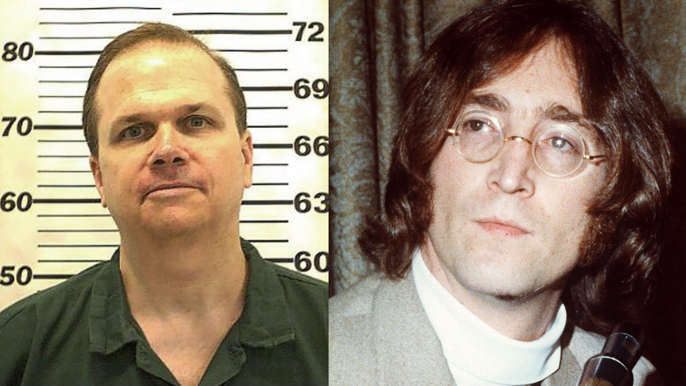 Links ist der Mörder von John Lennon Mark David Chapmann nach seiner Verhaftung zu sehen, rechts befindet sich ein Bild von John Lennon