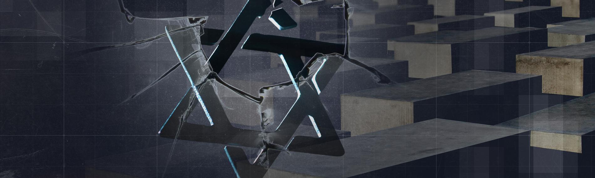 Bildmontage: Zerschlagene Glasscheibe mit zerbrochenem Davidstern vor Holocaust-Mahnmal in Berlin.