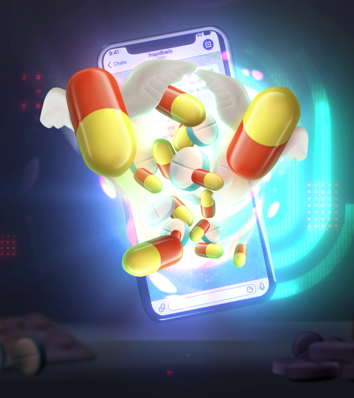 Pillen entspringen einem Smartphone, im Hintergrund das Spur-Logo