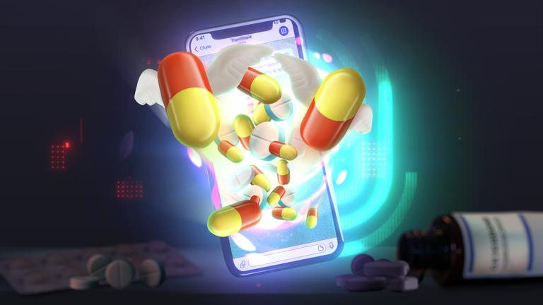 Pillen entspringen einem Smartphone, im Hintergrund das Spur-Logo