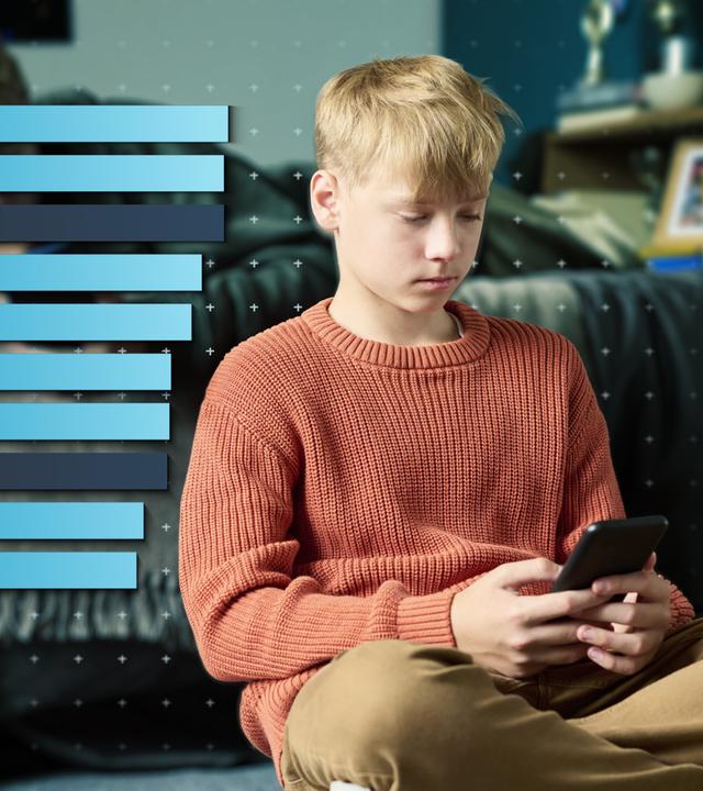 Ein Junge liegt auf einem Bett, ein anderer lehnt daran. Beide schauen auf ihr Smartphone. Über dem Foto liegt ein Balkendiagramm.
