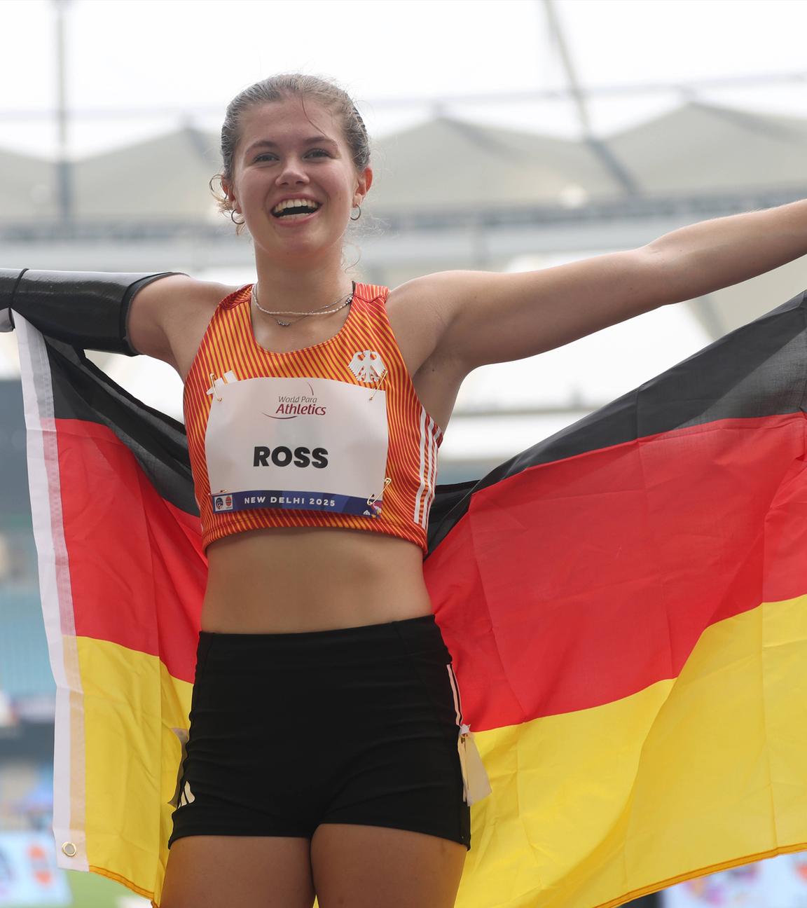 Ule Ross aus Deutschland tritt am 2. Oktober 2025 im 400-m-T47-Finale der Frauen während der World Para Athletics 2025 im JLN-Stadion in Neu-Delhi, Indien, an. 
