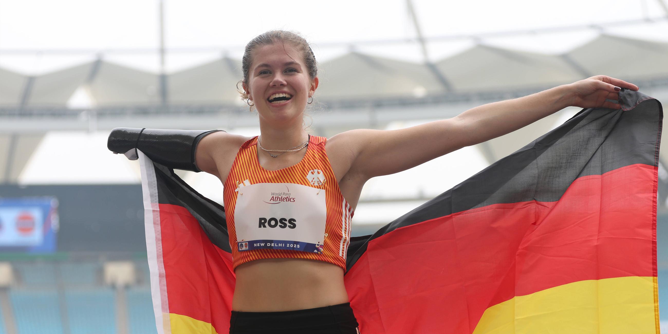 Ule Ross aus Deutschland tritt am 2. Oktober 2025 im 400-m-T47-Finale der Frauen während der World Para Athletics 2025 im JLN-Stadion in Neu-Delhi, Indien, an. 