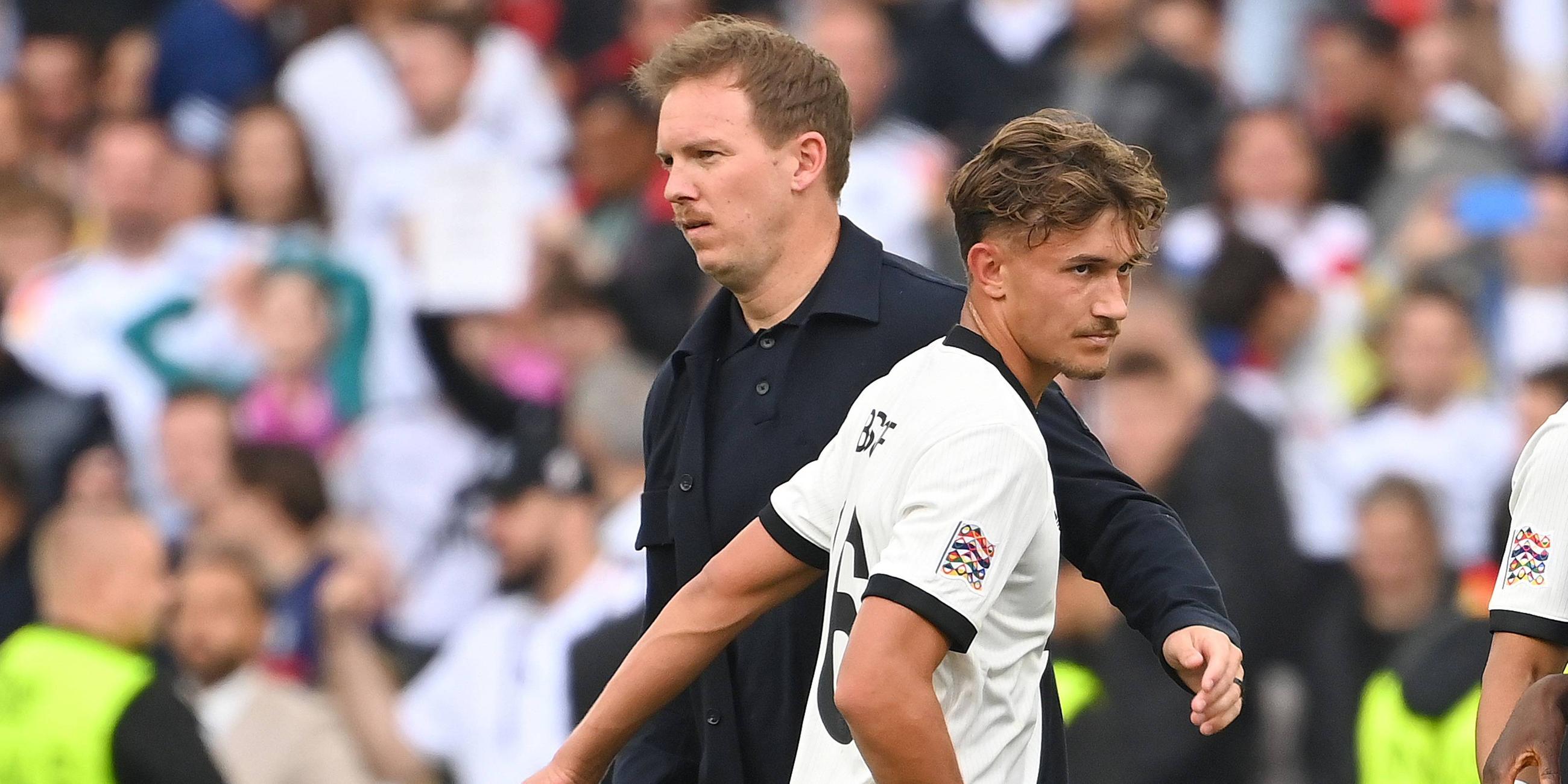 Bundestrainer Julian Nagelsmann und Tom Bischof nach der Niederlage gegen Frankreich am 08.06.2025.