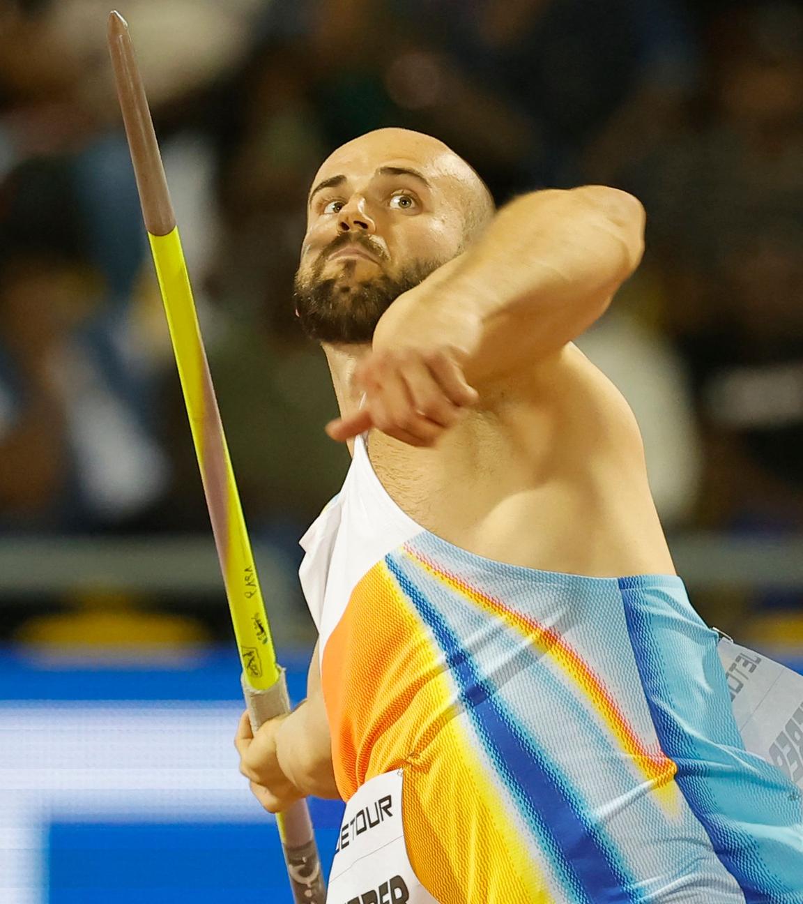Julian Weber bei seinem Wurf auf 91,06 Meter in Doha.
