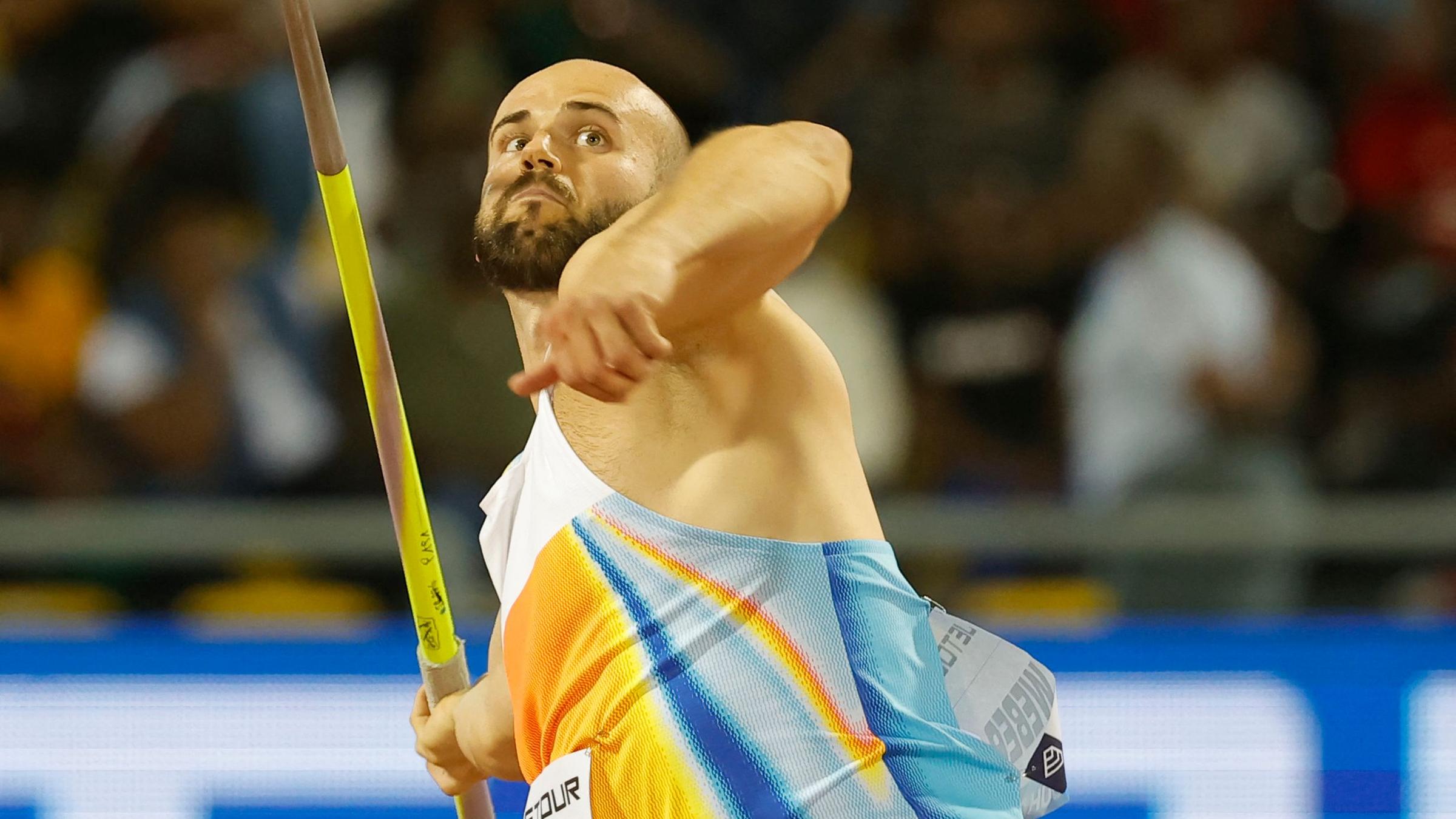 Julian Weber bei seinem Wurf auf 91,06 Meter in Doha.