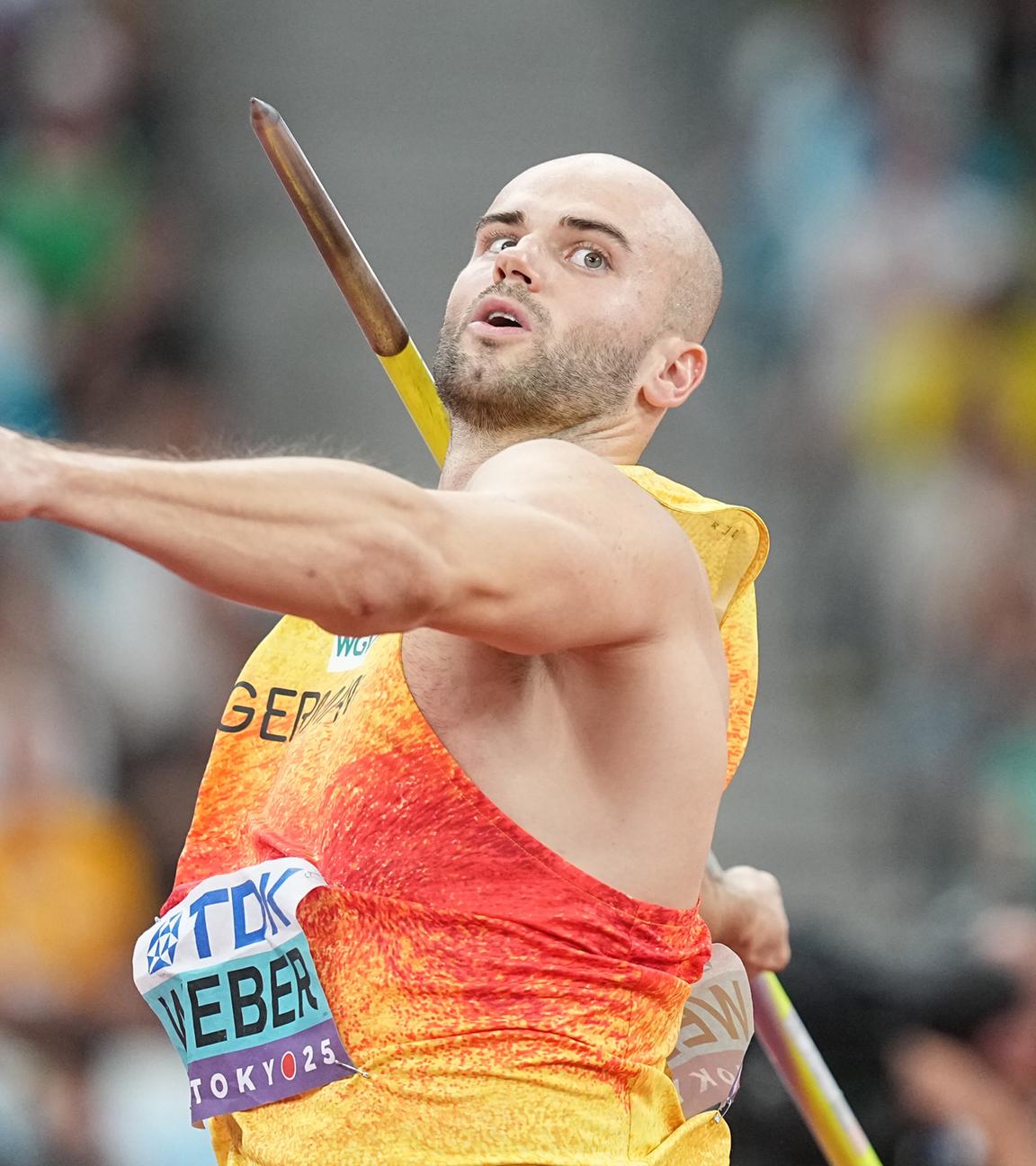Julian Weber (Deutschland) im Speerwurf-Finale. 