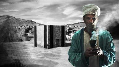 Grafik der Kaaba mit betendem Araber