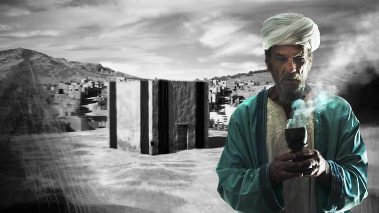 Grafik der Kaaba mit betendem Araber