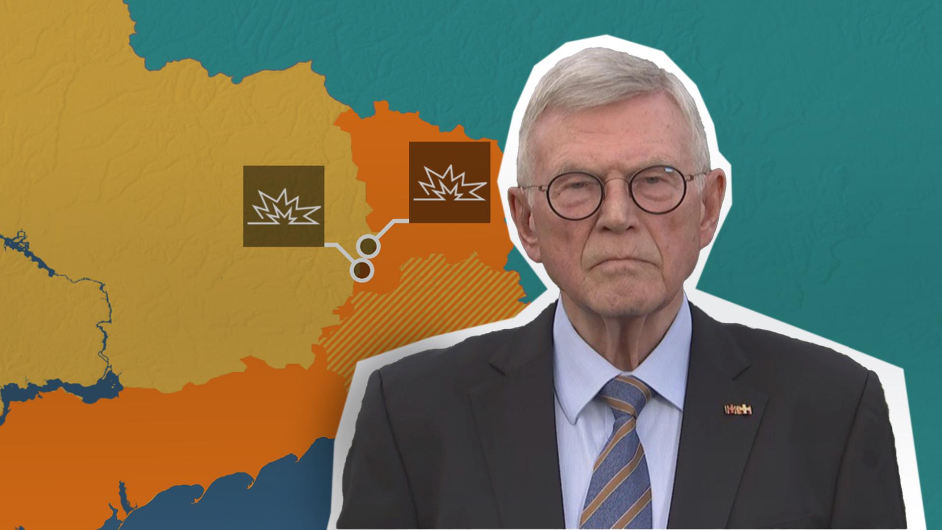 Karte des Frontverlaufs im Ukraine-Krieg im Hintergrund. Ex-Nato-General Egon Ramms im Vordergrund.