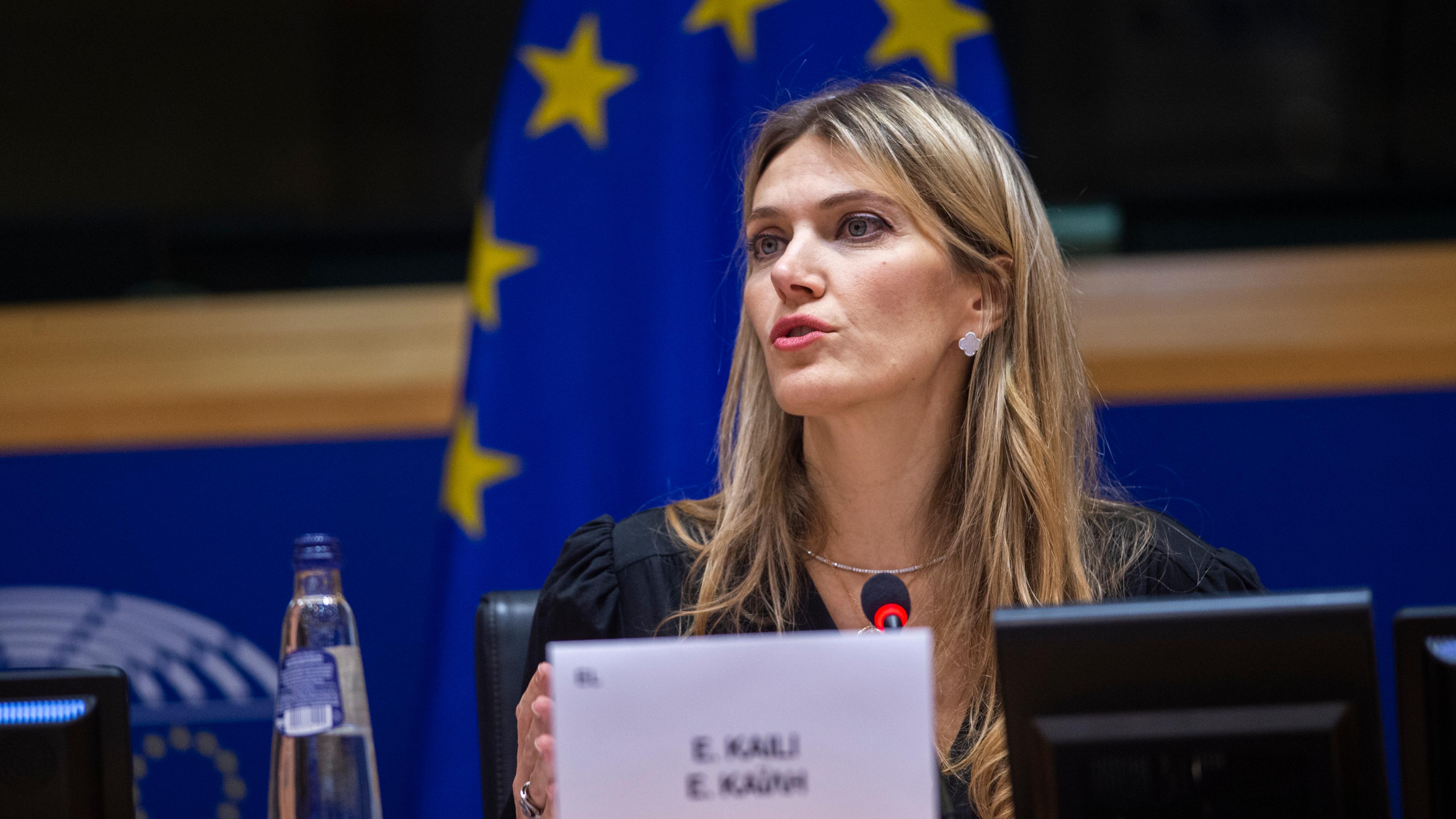 Die Politikerin Eva Kaili vor der Flagge der EU.