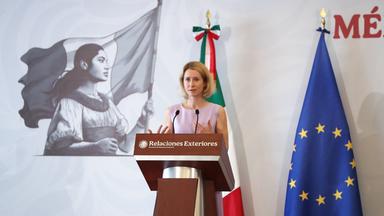 Die Hohe Vertreterin der Europäischen Union für Außen- und Sicherheitspolitik, Kaja Kallas, und der mexikanische Außenminister Roberto Velasco (nicht im Bild) nehmen am 21.05.2026 in Mexiko-Stadt, Mexiko, an einer gemeinsamen Pressekonferenz teil. 