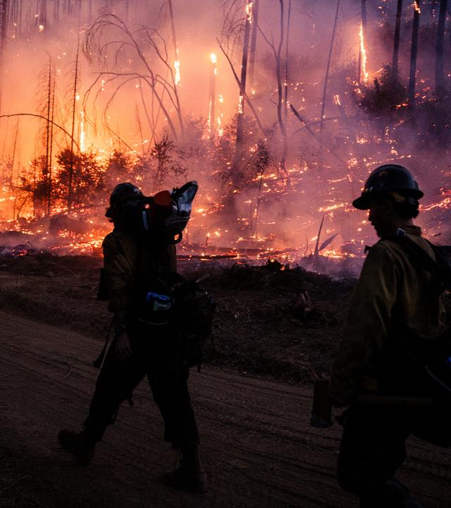 Feuerwehrleute gehen am Samstag während des „Lucas Fire“ nahe Upper Lake, Kalifornien, entlang einer Kontrolllinie.