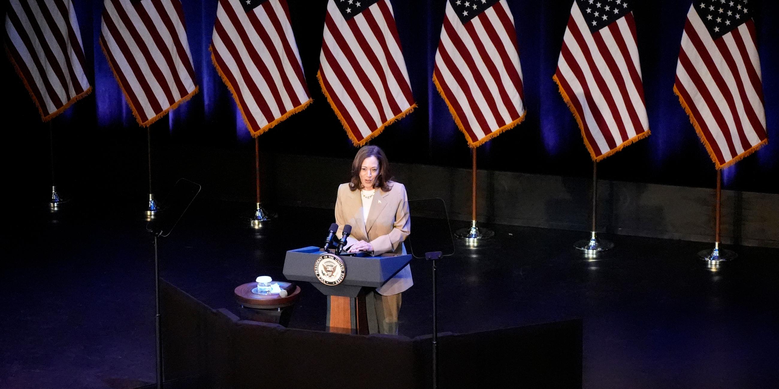 Kamala Harris hält eine Rede bei einer Wahlkampfveranstaltung in Pittsfield, Massachusetts, 27.07.2024.
