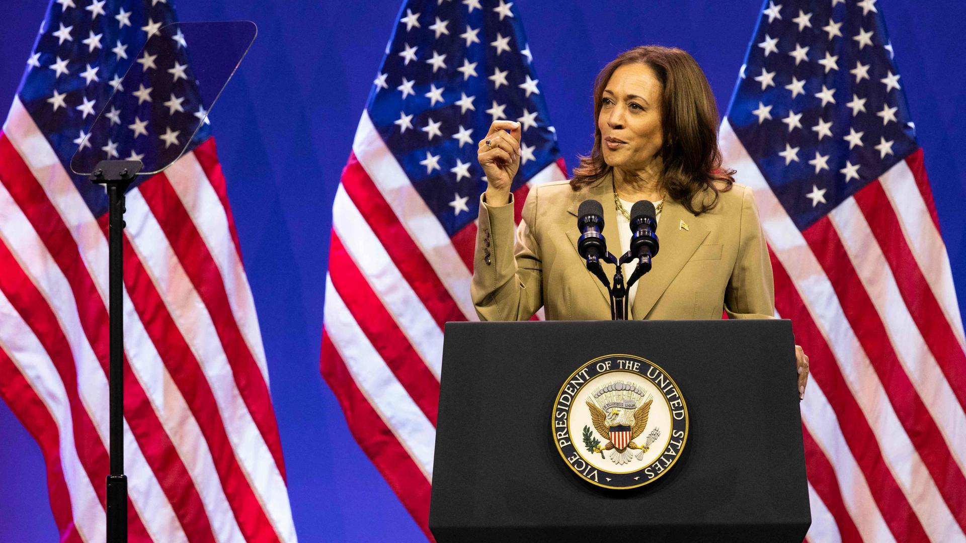 Kamala Harris hält eine Rede.