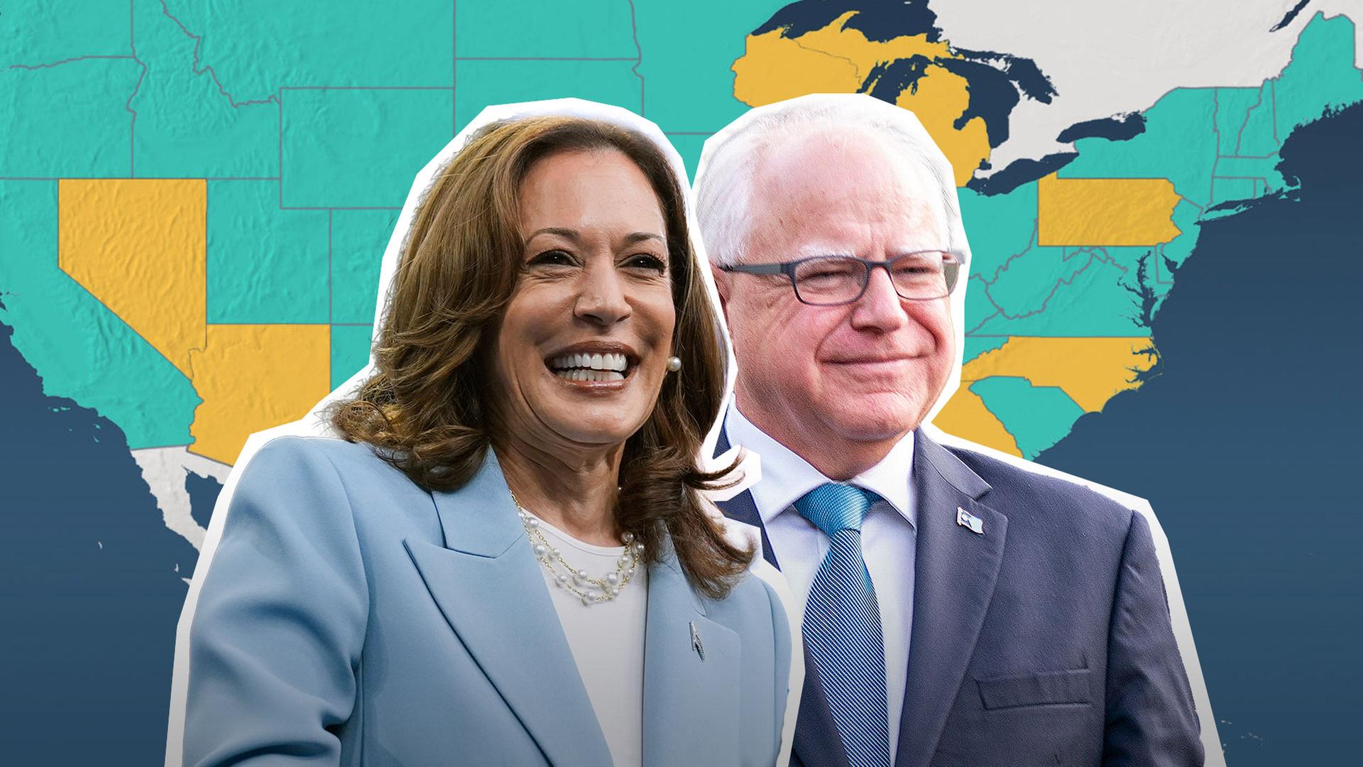Kamala Harris und Tim Walz sind vor einer Karte mit den Swing States der USA abgebildet.