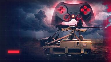 Digital bearbeitete Illustration eines bewaffneten Bodenroboters mit montiertem Gewehr in einer düsteren, rauchigen Landschaft. Über dem Roboter schwebt ein großer Videospiel-Controller mit rot leuchtenden Tasten. Ein digitales Raster-Overlay und rote Lichteffekte verstärken den Eindruck von Fernsteuerung, Technologie und der Verbindung zwischen Gaming und militärischen Drohnensystemen.