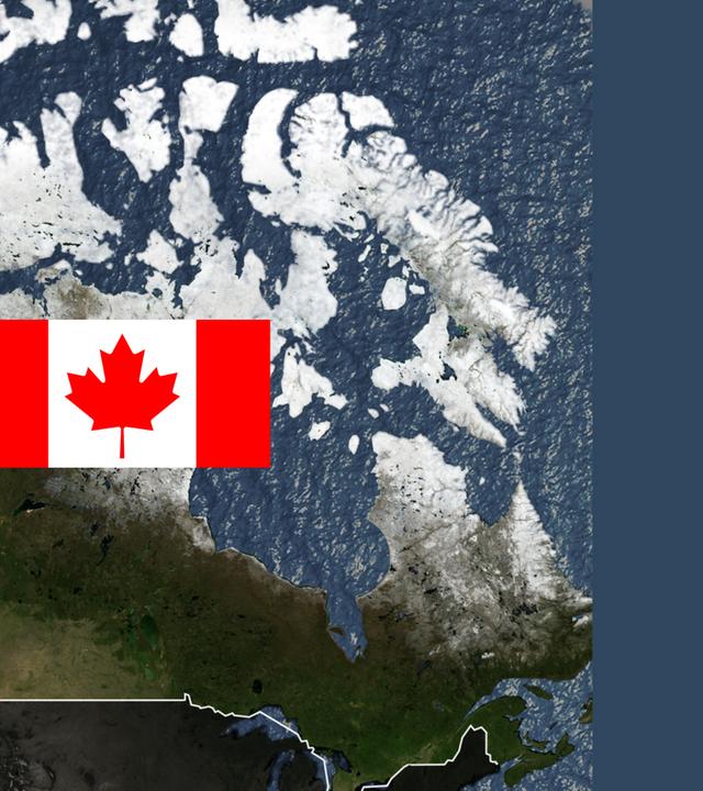 Weltkarte mit Fokus auf Kanada mit Flagge. 
