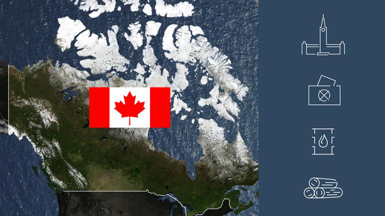 Weltkarte mit Fokus auf Kanada mit Flagge. 