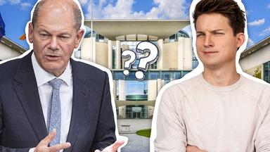 Tim schaut fragend zu Kanzlerkandidat Olaf Scholz, dazwischen gezeichnete Fragezeichen.