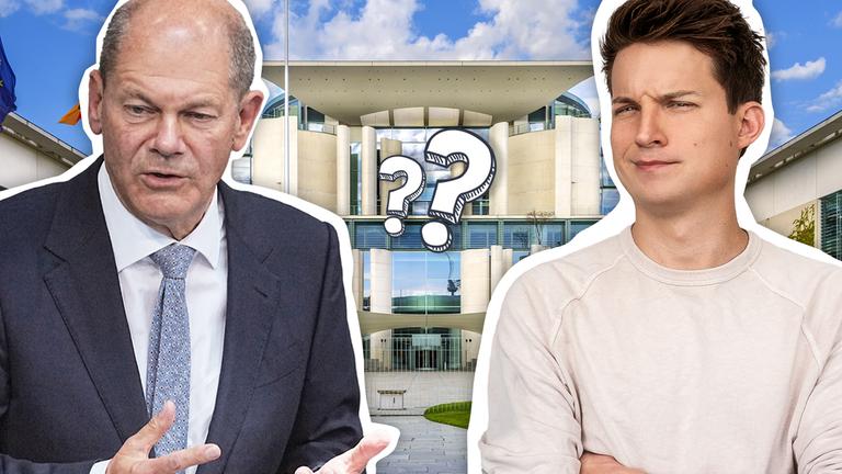 Tim schaut fragend zu Kanzlerkandidat Olaf Scholz, dazwischen gezeichnete Fragezeichen.