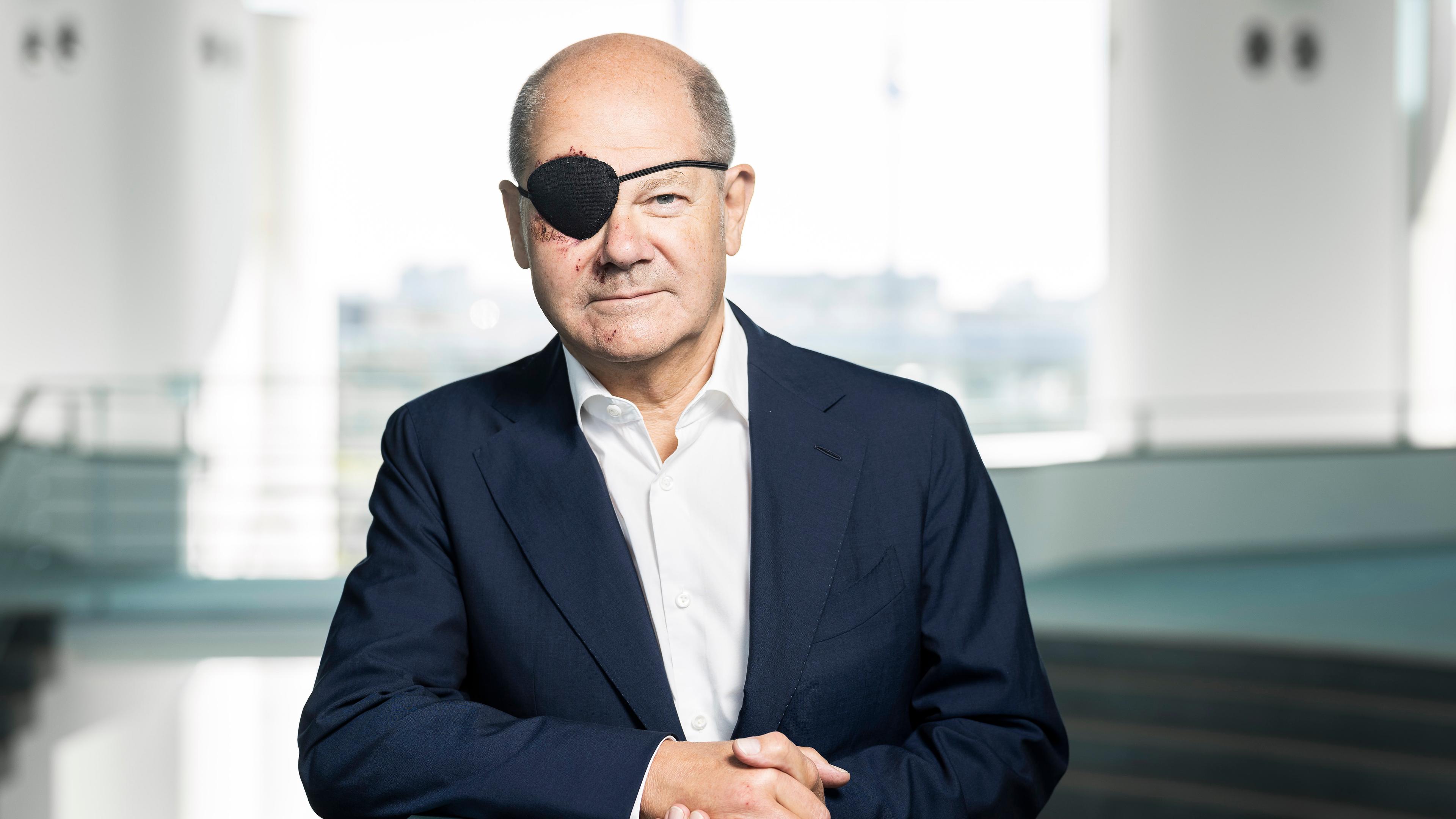 Bundeskanzler Olaf Scholz mit einer Augenklappe nach einem Laufunfall im September 2023.