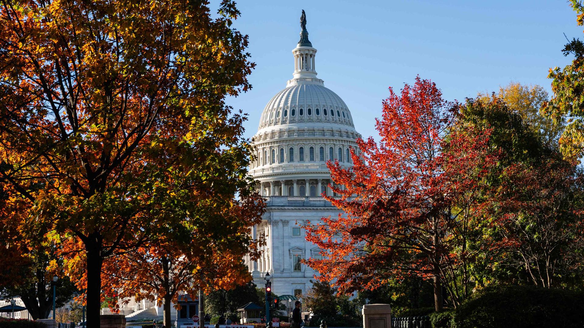 Ein Fußgänger läuft am Kapitol in Washington DC am 06.11.2025 entlang. 