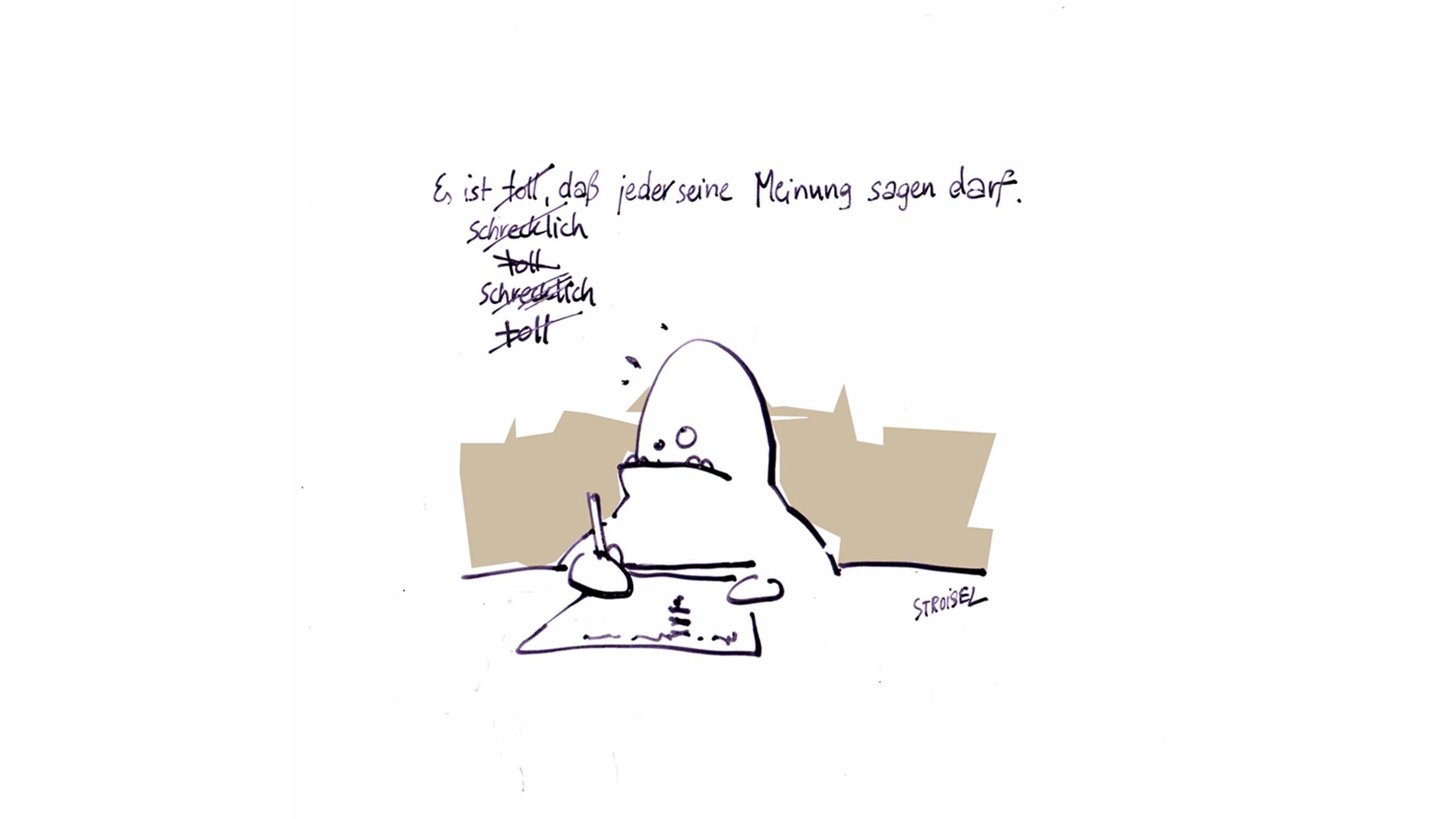 Ebenfalls 2.000 Euro und einen "Geflügelten Bleistift in Silber" in der Kategorie "Besondere Leistung" bekam die Karikatur "Meine Meinung" von Stroisel.