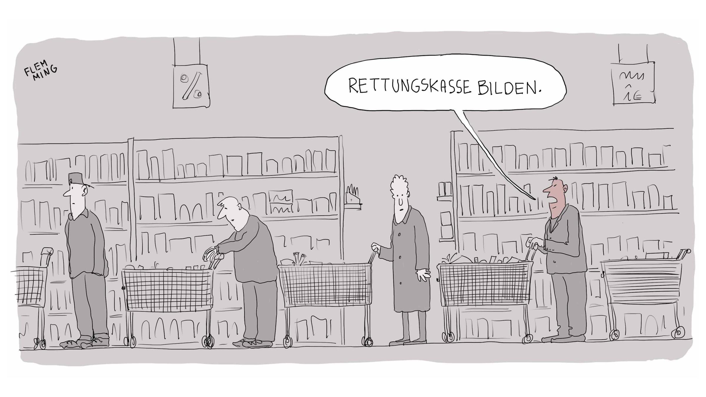 Der mit 500 Euro dotierte Sonderpreis für den besten Newcomer - in diesem Jahr erstmals vergeben - geht an Flemming und seine Karikatur "Rettungskasse".  