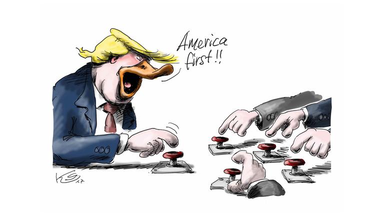 Die Jury bekam in diesem Jahr erneut hunderte Einreichungen, viele Profis waren dabei, wie Klaus Stuttmann, dessen Zeichnung "Donald Trump" sich mit dem US-Präsidenten beschäftigt, ...